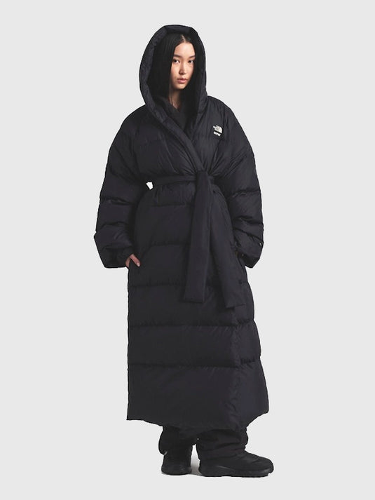 Recreated 2025 black Nuptse Wrap Parka Puffer Coat featuring plush padding, wrap closure, and signature SKIMS fit.