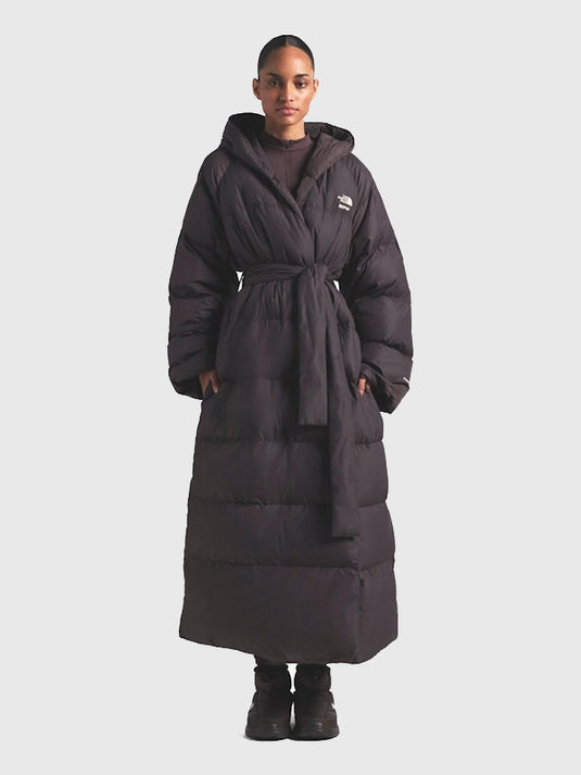 The North Face × SKIMS 2025 brown wrap-style parka recreated with durable fabric and cozy winter insulation.