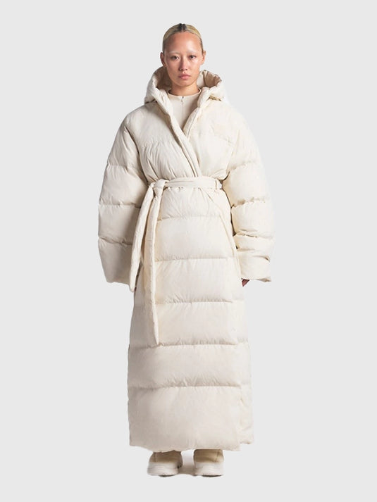 Recreated off-white Nuptse Wrap Puffer Coat with structured wrap design and insulated winter-ready build.