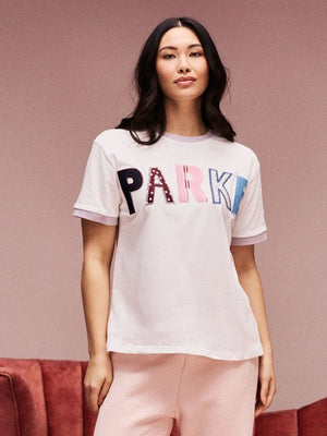 RECREATED Parke Valentine’s 2026 drop patchwork crewneck t-shirt in white with detailed stitched design