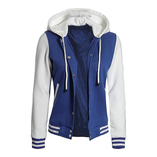 Blue and White Hooded Varsity Jacket Womens