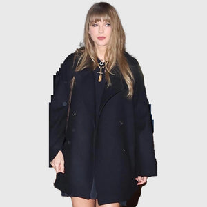 Black wool coat inspired by Taylor Swift’s 2025 Night Out look, warm and fashionable.
