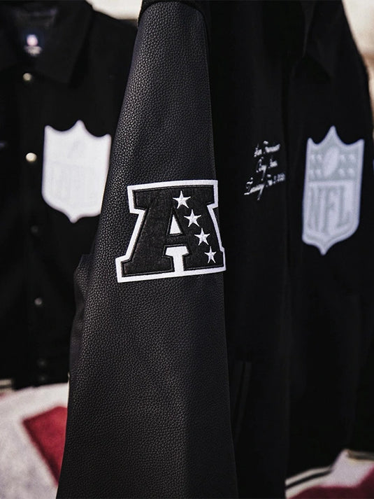 RECREATED Abercrombie 2026 Pro Bowl Games black varsity jacket with leather sleeves and timeless design