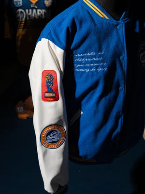 RECREATED Parramatta Eels 1986 Premiers Varsity Jacket in Blue & White showcasing a bold two-tone design with vintage team-inspired styling