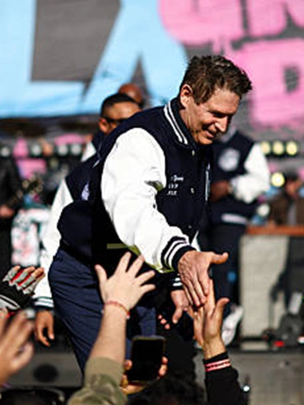 Recreated Super Bowl LX MVP wool varsity jacket in navy and white with sporty panel contrast