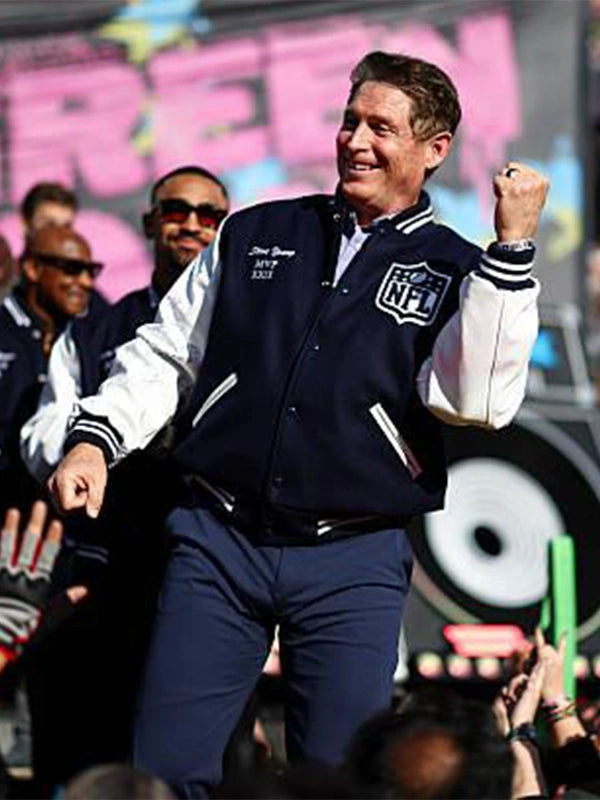 Classic navy wool MVP varsity jacket with white accents inspired by the Super Bowl LX look