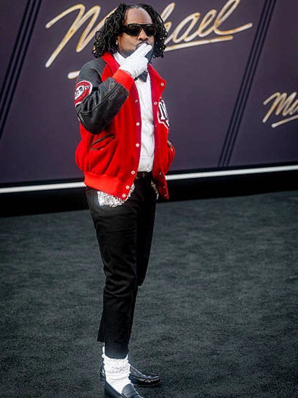Michael Jackson MM Varsity Jacket worn by Wale at the 2026 biopic premiere, crafted with structured silhouette and statement detailing