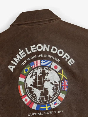 Unisex World’s Borough 2026 brown leather aviator jacket with refined stitching and timeless outerwear appeal