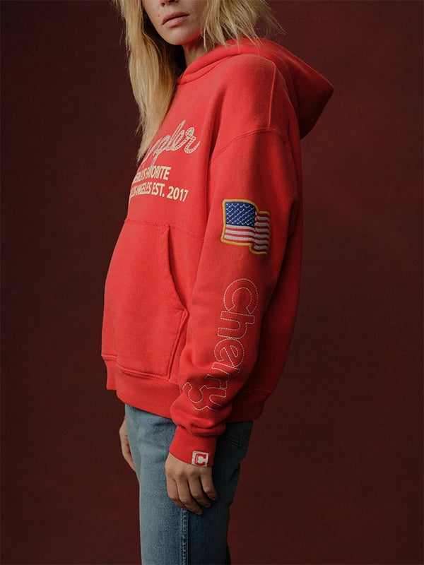 Recreated red Cherry x Wrangler fleece hoodie featuring Los Angeles branding and classic graphic styling