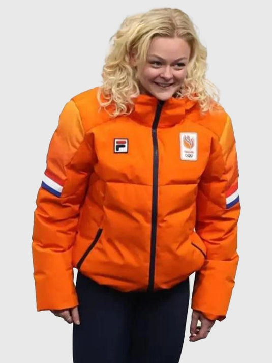 Recreated Team Netherlands Milano Cortina 2026 opening ceremony puffer jacket worn by Xandra Velzeboer with modern winter silhouette