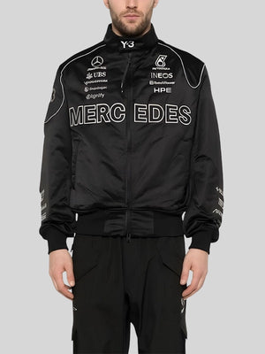RECREATED Y3 x AMG x Mercedes-AMG Petronas F1 Logo-Detail Bomber Jacket designed with a structured bomber fit and bold racing-inspired aesthetics