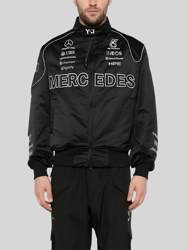 RECREATED Y3 x AMG x Mercedes-AMG Petronas F1 Logo-Detail Bomber Jacket designed with a structured bomber fit and bold racing-inspired aesthetics