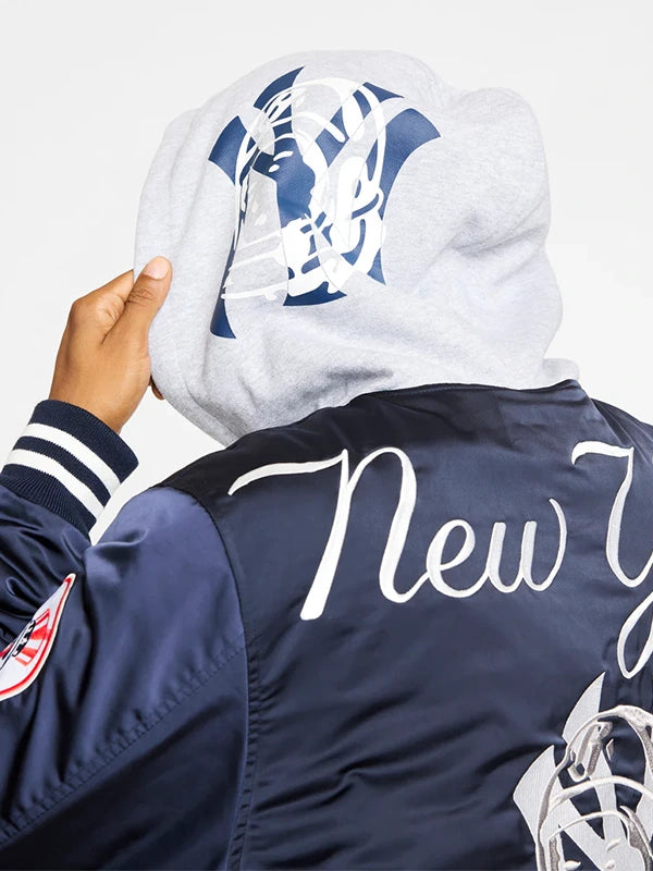 RECREATED Billionaire Boys Club x New York Yankees Stadium Satin Jacket in Navy showcasing a polished finish with a modern street-sport look