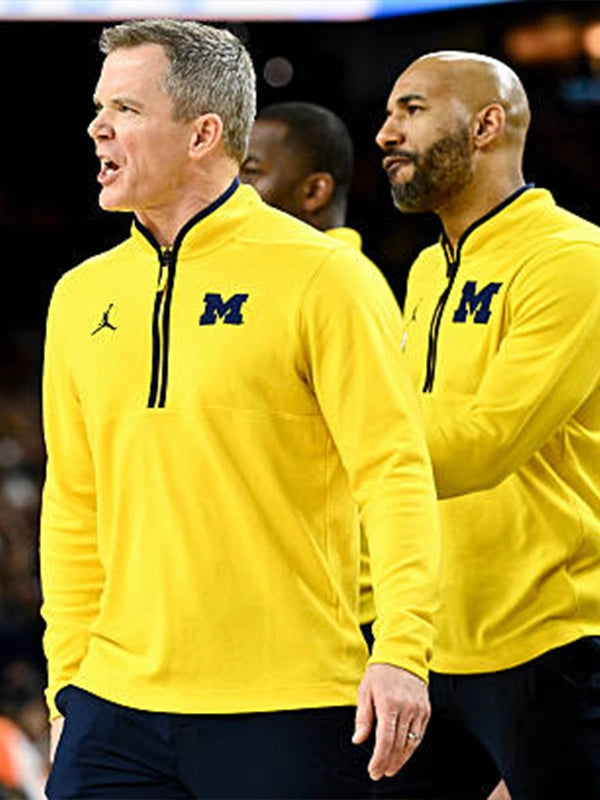 Recreated Michigan Wolverines Coach Dusty May Victory yellow quarter-zip pullover jacket with smooth texture and clean athletic finish