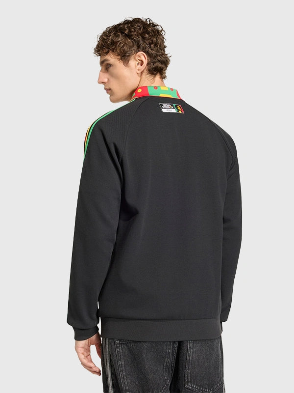 Adidas Jamaica x Bob Marley 2026 Away Anthem black zip-front jacket with signature three-stripe detailing and cultural print