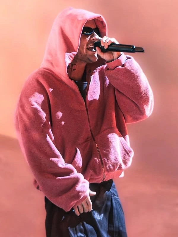Recreated Coachella 2026 pink fur hoodie inspired by Justin Bieber with bold color and comfortable wear appeal