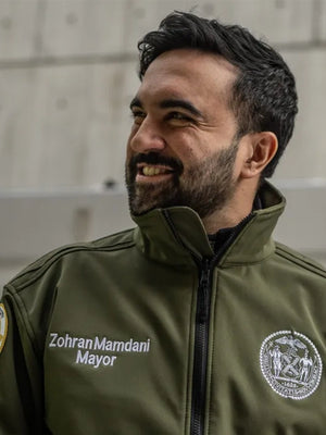 RECREATED unisex Mayor Zohran Mamdani cotton jacket in green with button-front closure and practical pockets