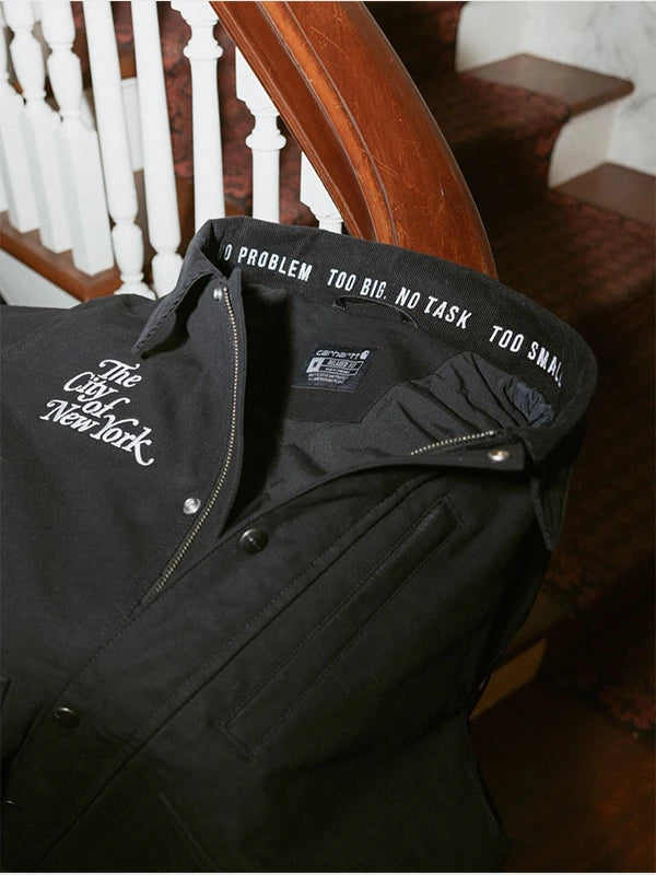 Black RECREATED Mayor Zohran Mamdani Carhartt unisex jacket combining comfort and streetwear appeal