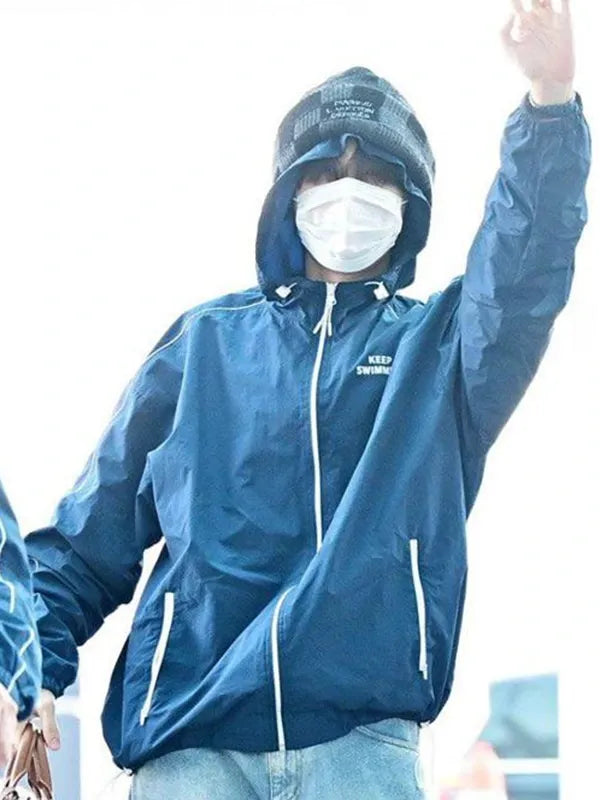 Swim BTS jacket inspired Keep Swimming design in blue with modern streetwear look and comfortable fit