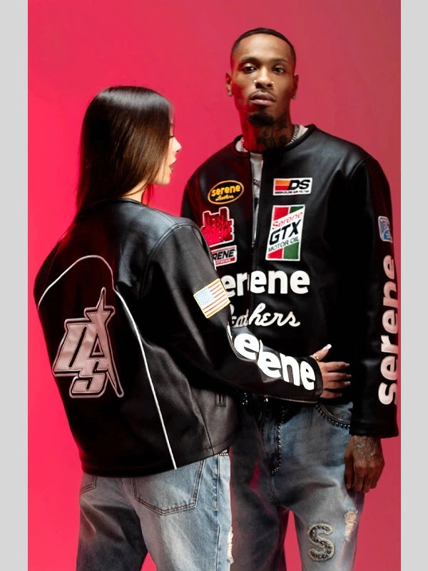 Recreated Serene GT black leather double zipper jacket with sleek premium finish and modern streetwear edge