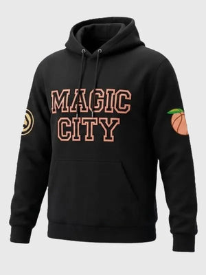 Recreated Magic City Atlanta Hawks black pullover fleece hoodie in unisex fit with soft brushed interior and relaxed silhouette