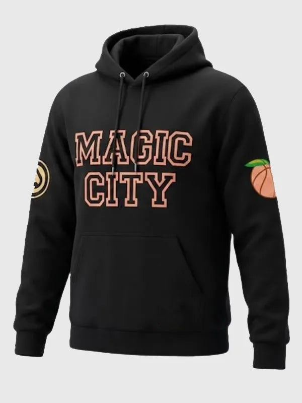 Recreated Magic City Atlanta Hawks black pullover fleece hoodie in unisex fit with soft brushed interior and relaxed silhouette